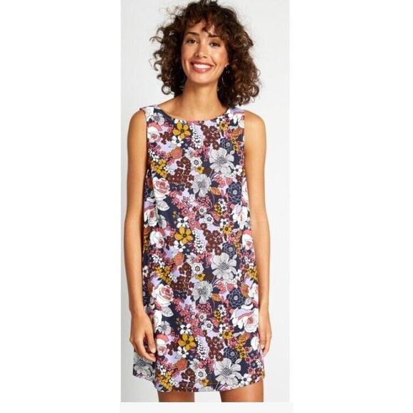 MODCLOTH Purple Floral Retro Shift Dress Sleeveless Linen Blend Plus Sz M‎ - Picture 1 of 9